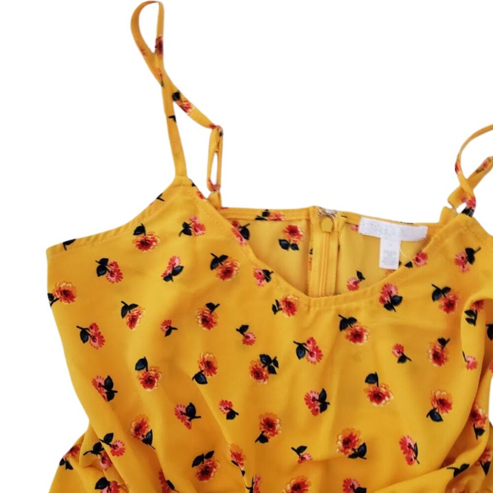 Women's Ruched Front Mini V-Neck Yellow w/ Floral Pattern Dress Small NWT - Picture 5 of 10